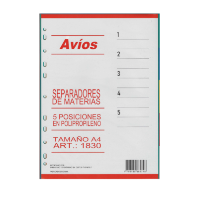Separadores de materia A4 PP - AVIOS